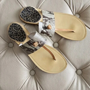 Italy Leather Flat Thong Sandals  Snake Skin Phyton Pattern Beige Tan size 8.5